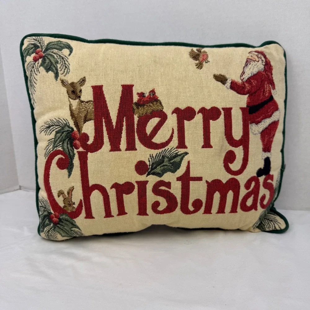 Riverdale Merry Christmas Tapestry Throw Pillow Santa Deer Woven Green Back USA